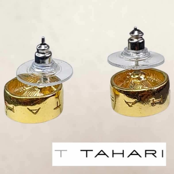 T TAHARI Logo Gold Tone Topaz Round Shaped Post Earrings - Picture 10 of 13